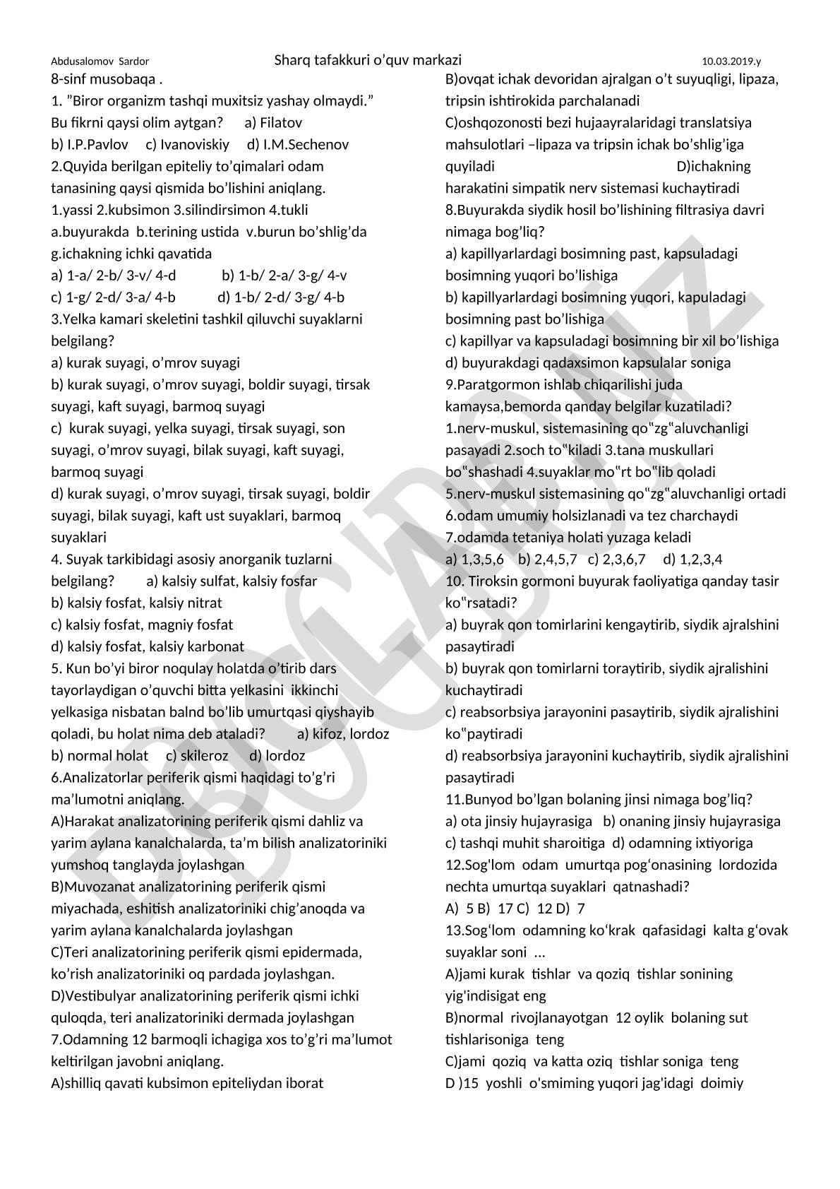 8-sinf musobaqa test savollari