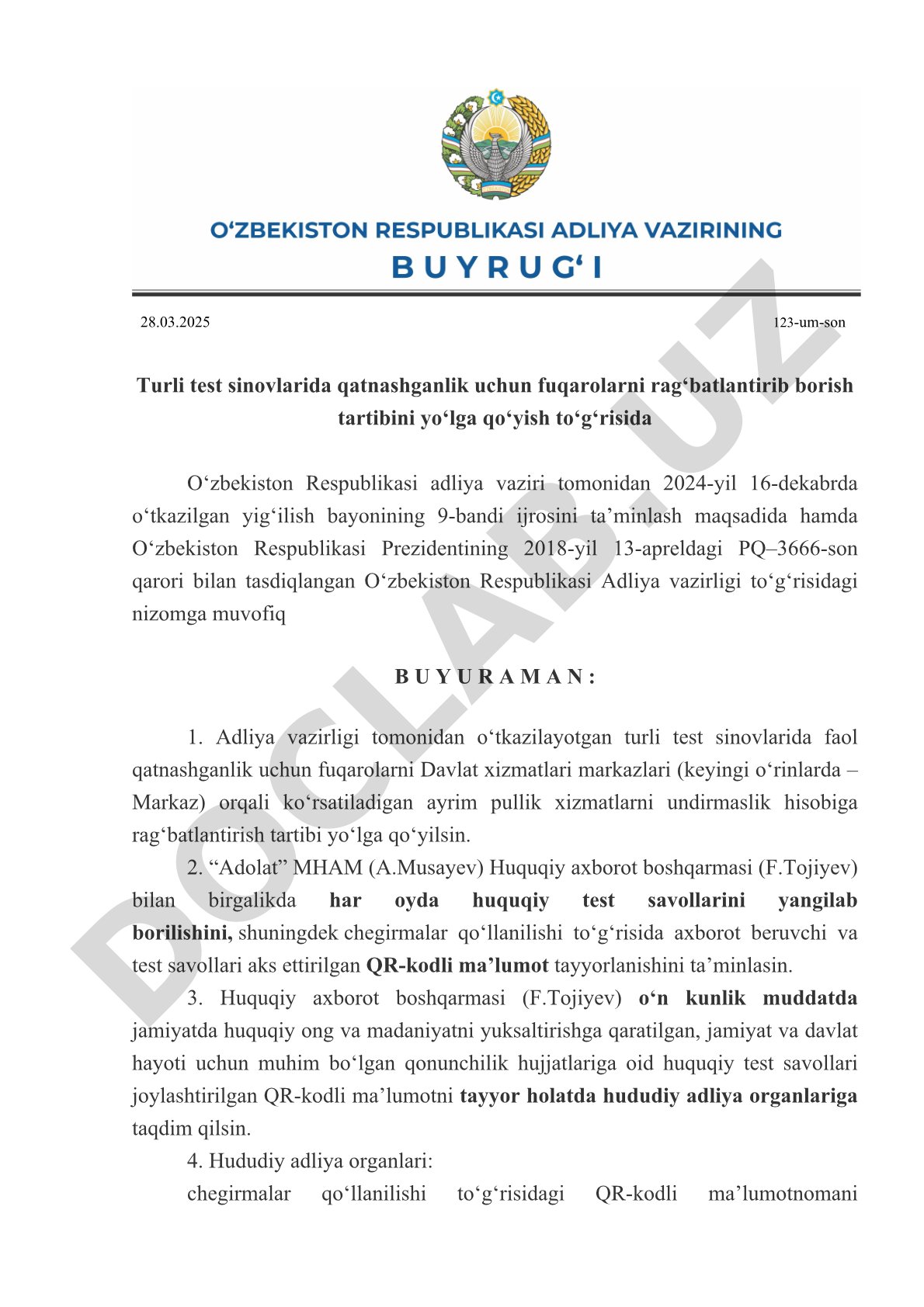 Turli test sinovlarida qatnashganlik uchun fuqarolarni rag‘batlantirib borish tartibini yo‘lga qo‘yish to‘g‘risida