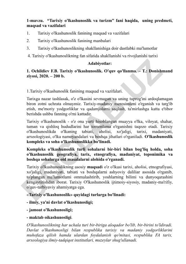 Tarixiy o'lkashunoslik va turizm fani haqida