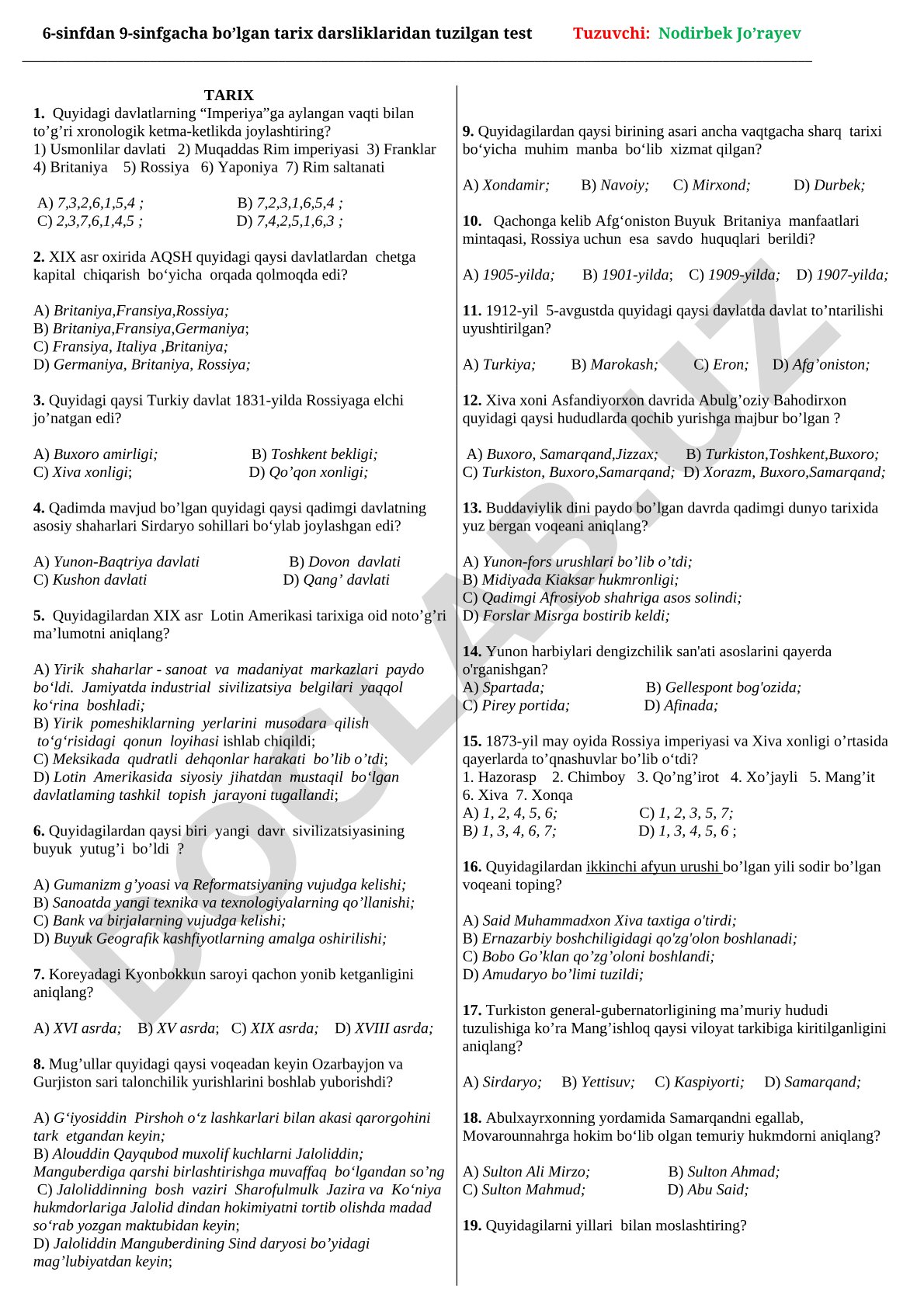6-9 sinf tarix darsliklaridan tuzilgan test