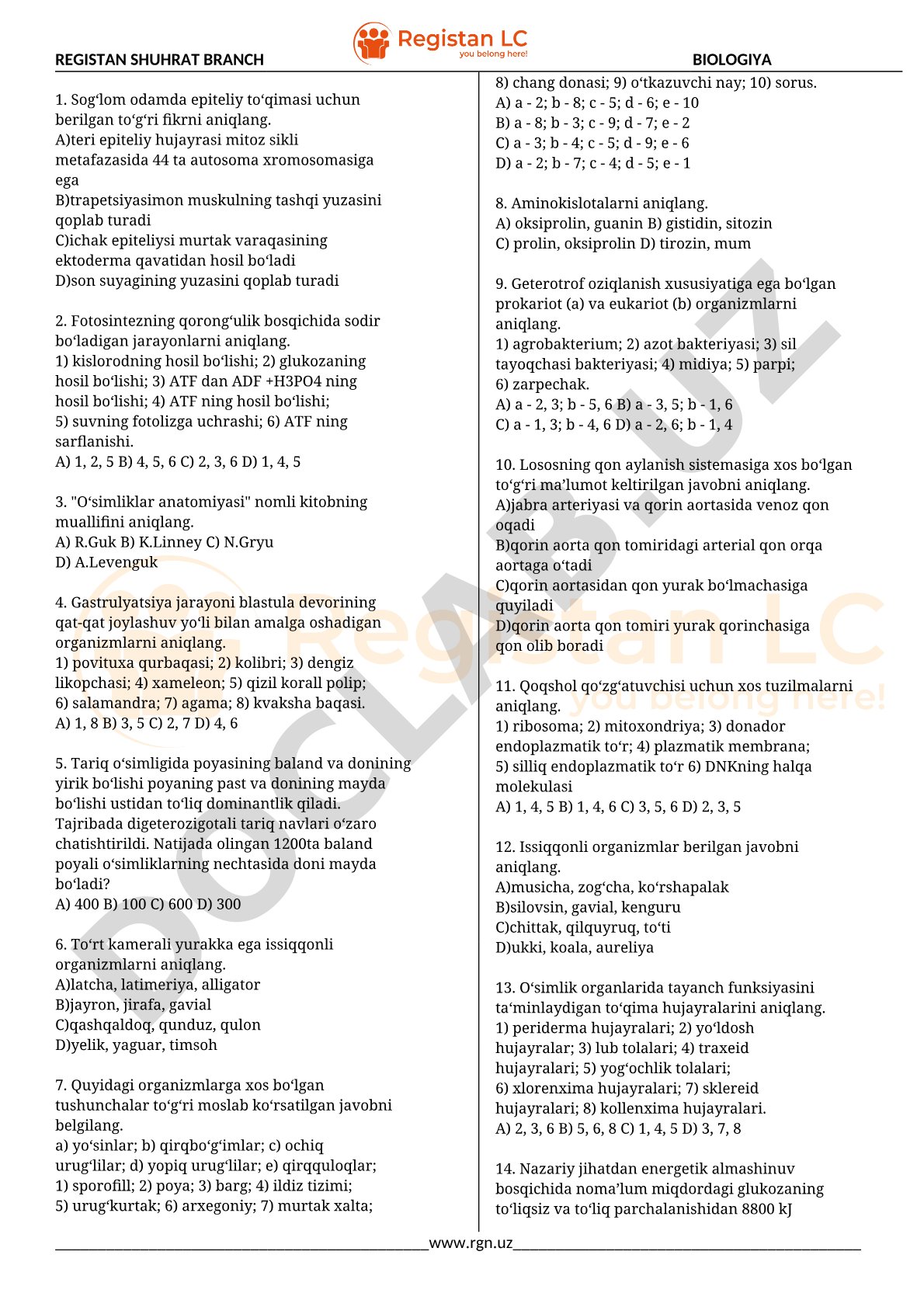 Biologiya test savollari