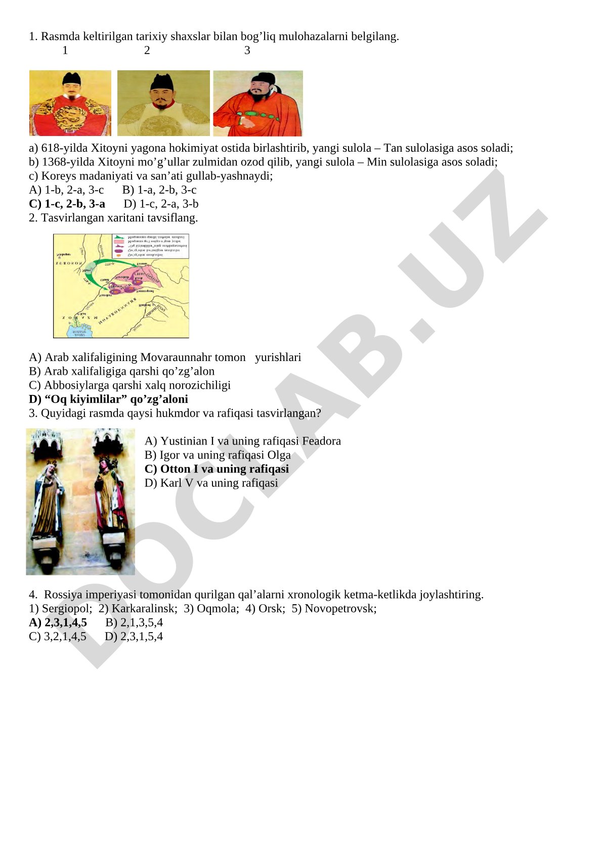 Tarixiy shaxslar va voqealar test savollari