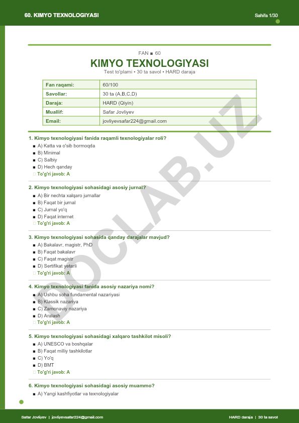 Kimyo texnologiyasi fanidan test to'plami