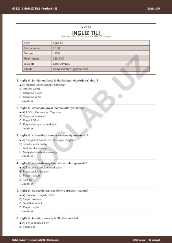 Ingliz tili fanidan test savollari (Variant 19)