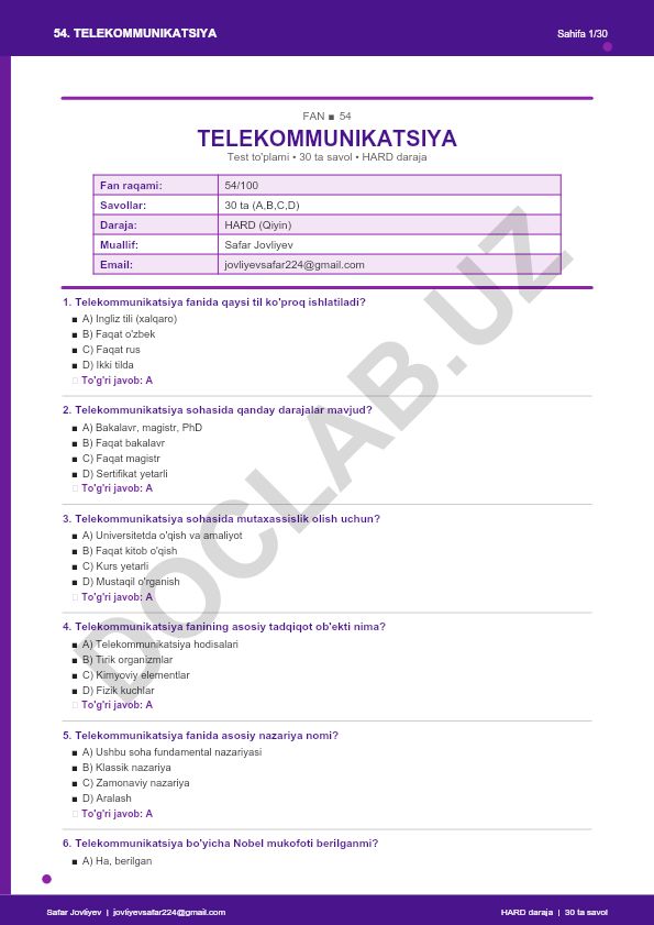 Telekommunikatsiya fanidan test to'plami
