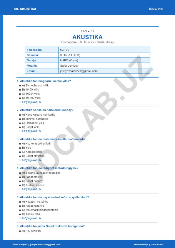 Akustika faniga oid test to'plami