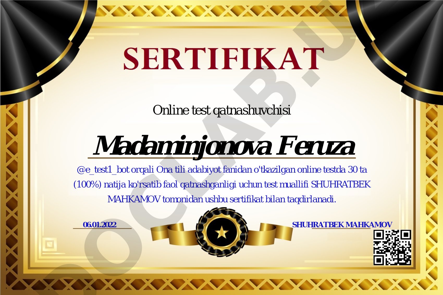 Ona tili adabiyot fanidan online test sertifikati