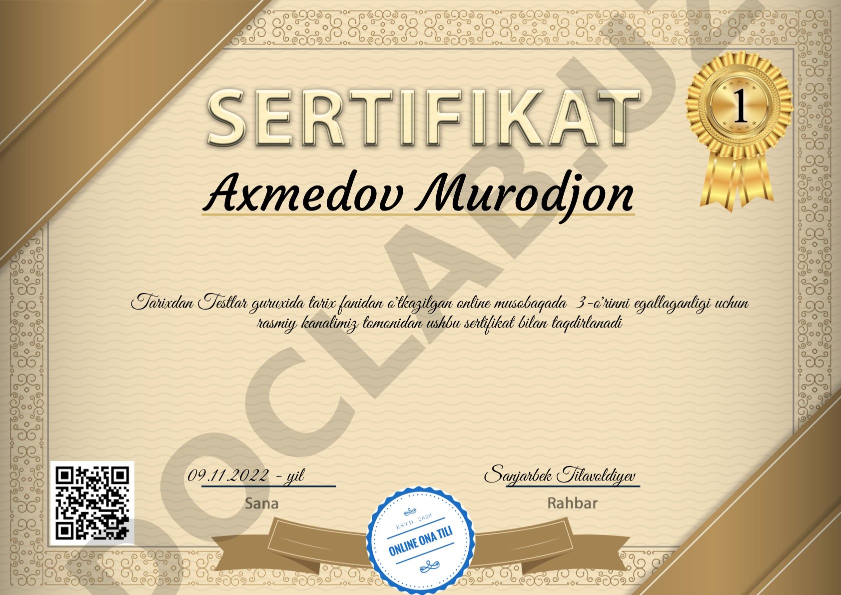 Tarix fanidan online musobaqada 3-o'rin uchun sertifikat