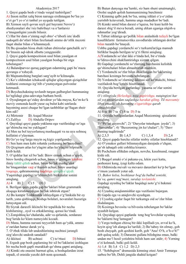 O'zbek tili test savollari va javoblari