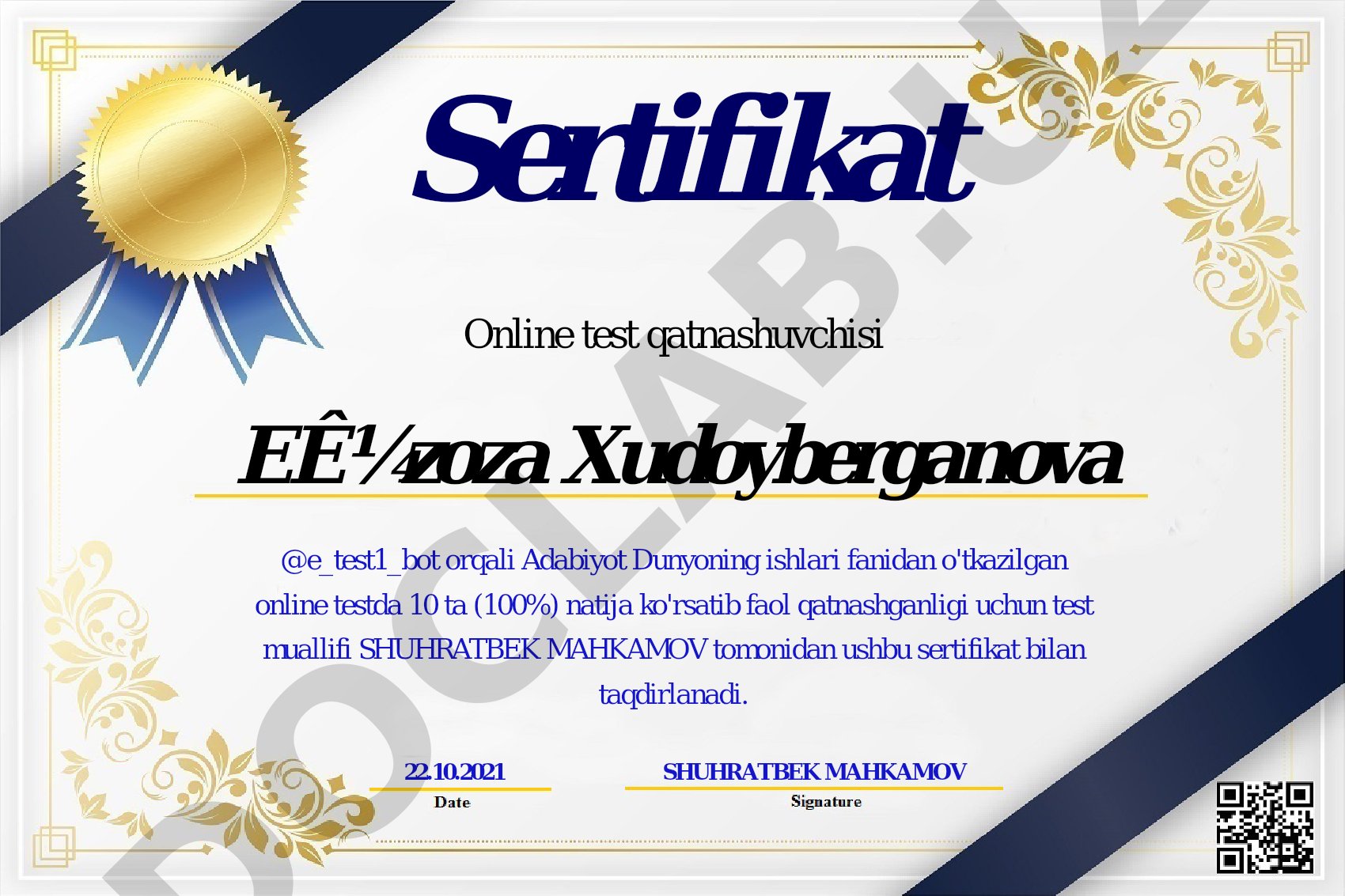 Adabiyot Dunyoning ishlari fanidan online test sertifikati