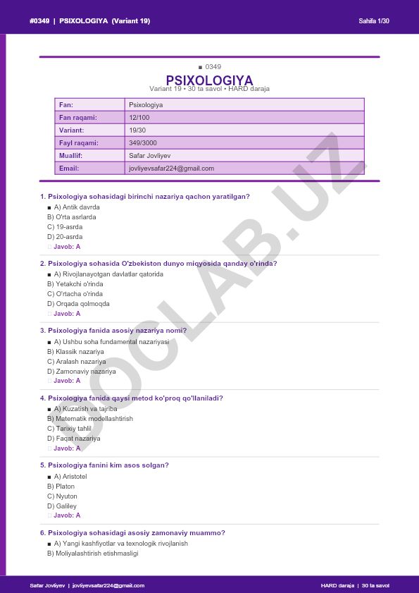 Psixologiya faniga oid test savollari (Variant 19)