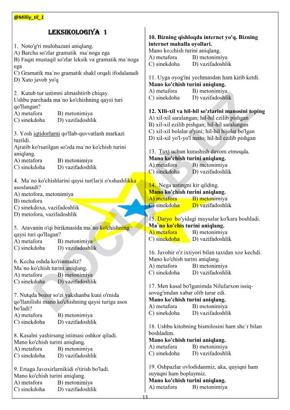 Leksikologiya test savollari