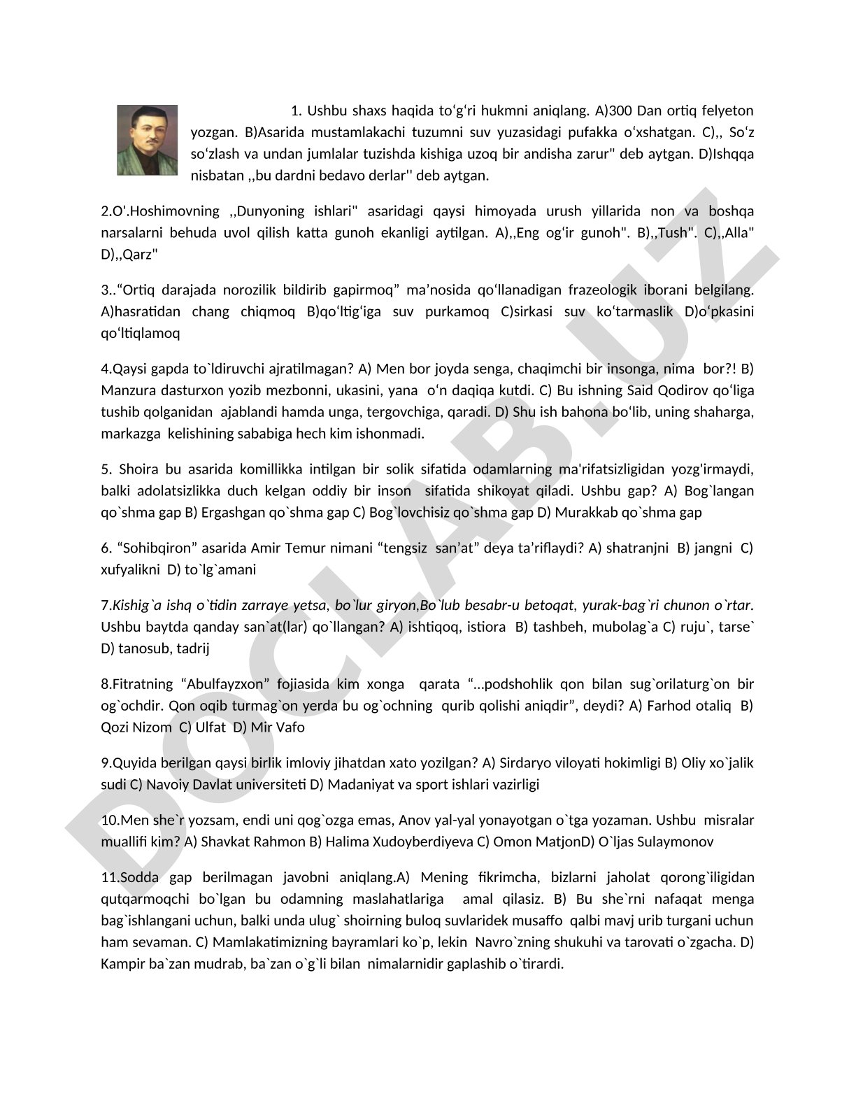 Adabiyot fanidan test savollari