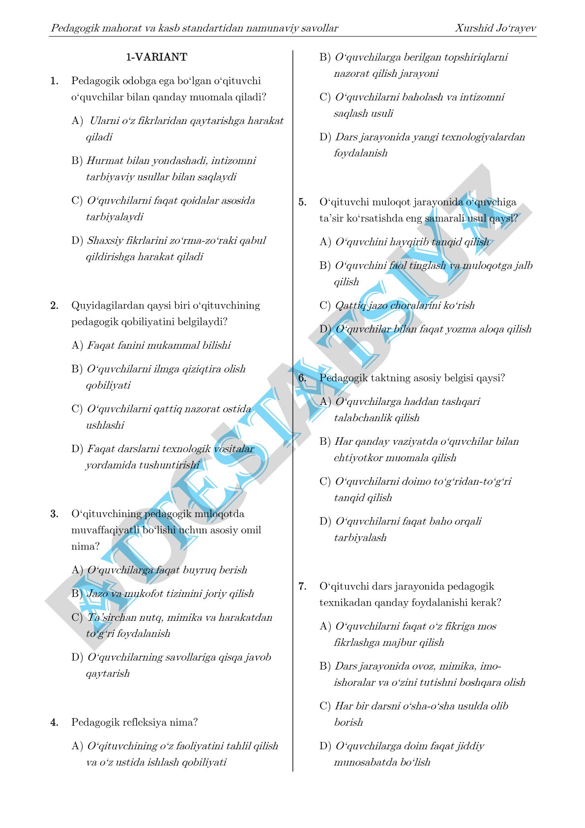 Pedagogik mahorat va kasb standartidan namunaviy savollar