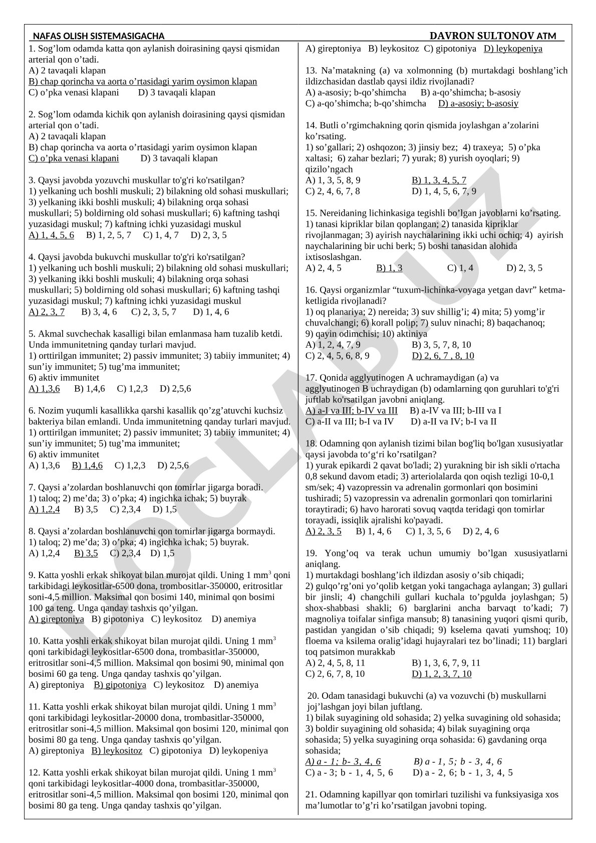 Nafas olish sistemasigacha Davron Sultonov ATM test savollari