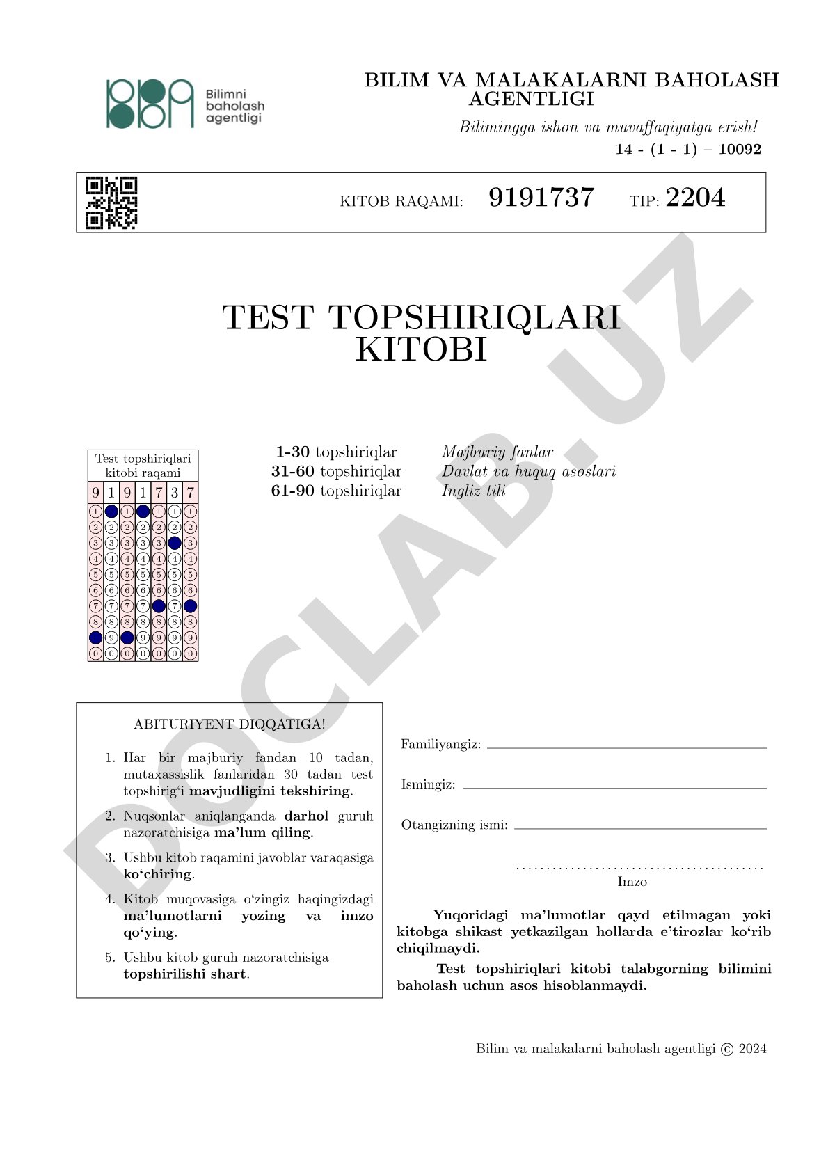 Test topshiriqlari kitobi