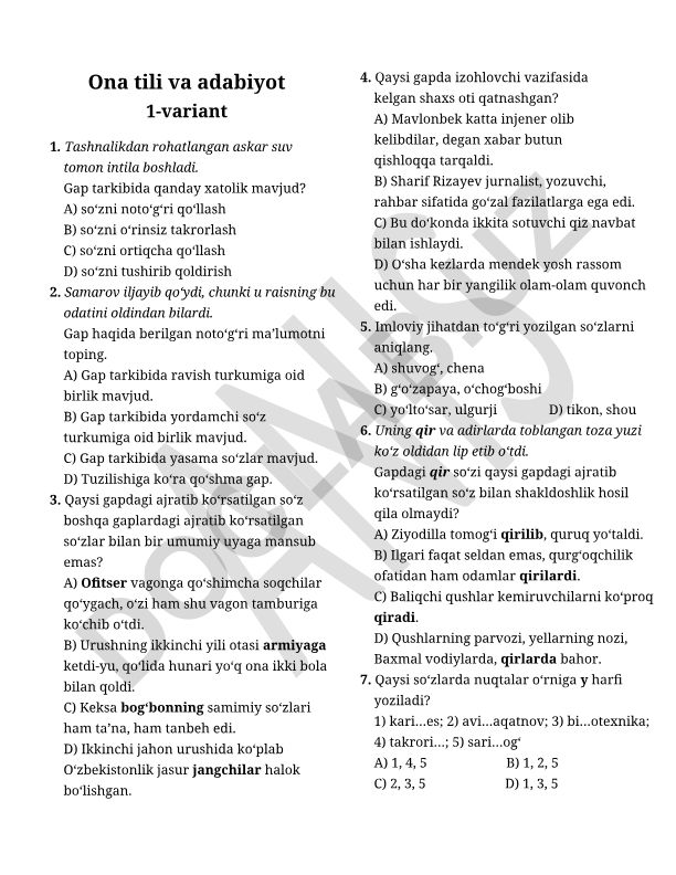 Ona tili va adabiyot fanidan test savollari