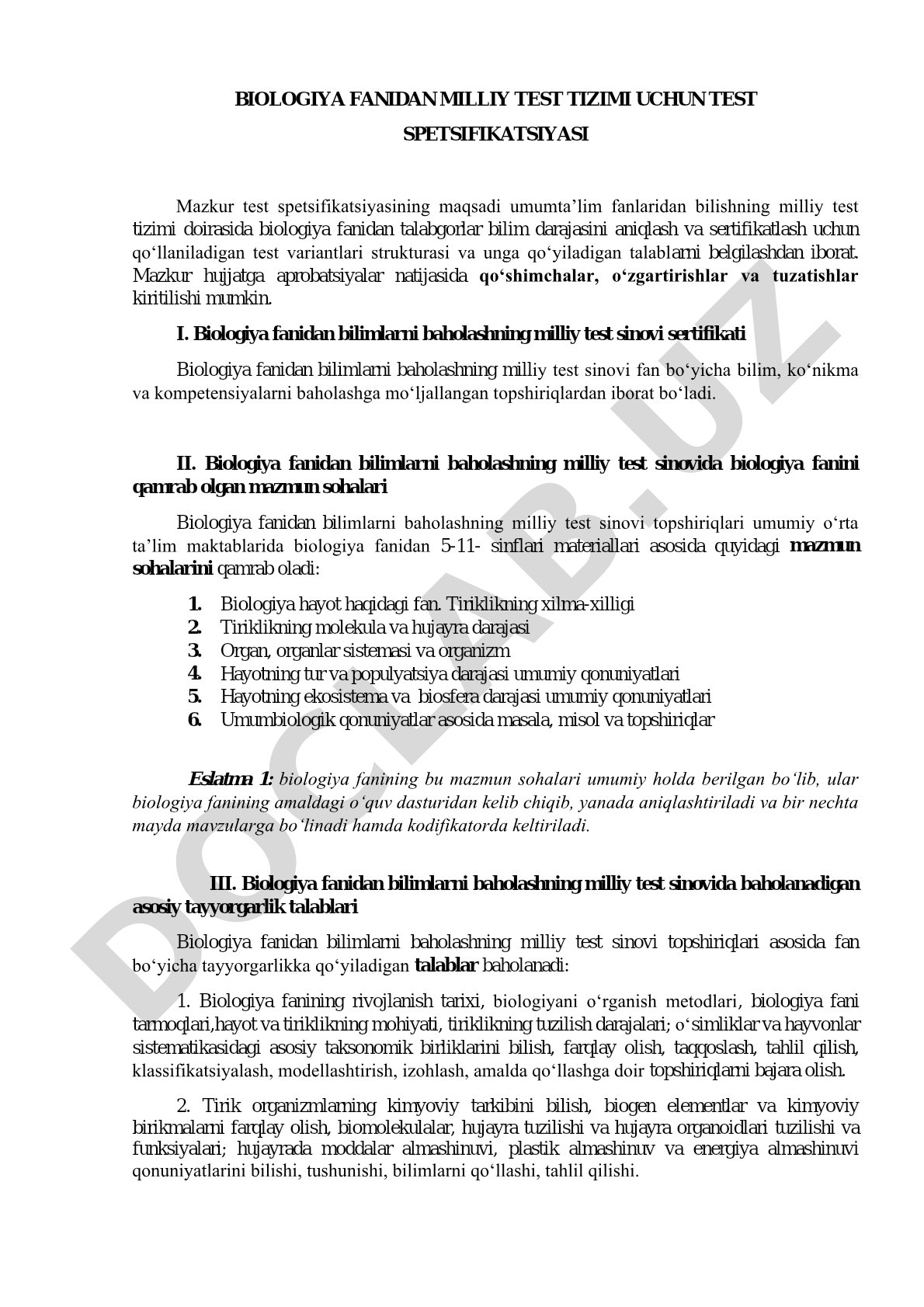 Biologiya fanidan milliy test tizimi uchun test spetsifikatsiyasi