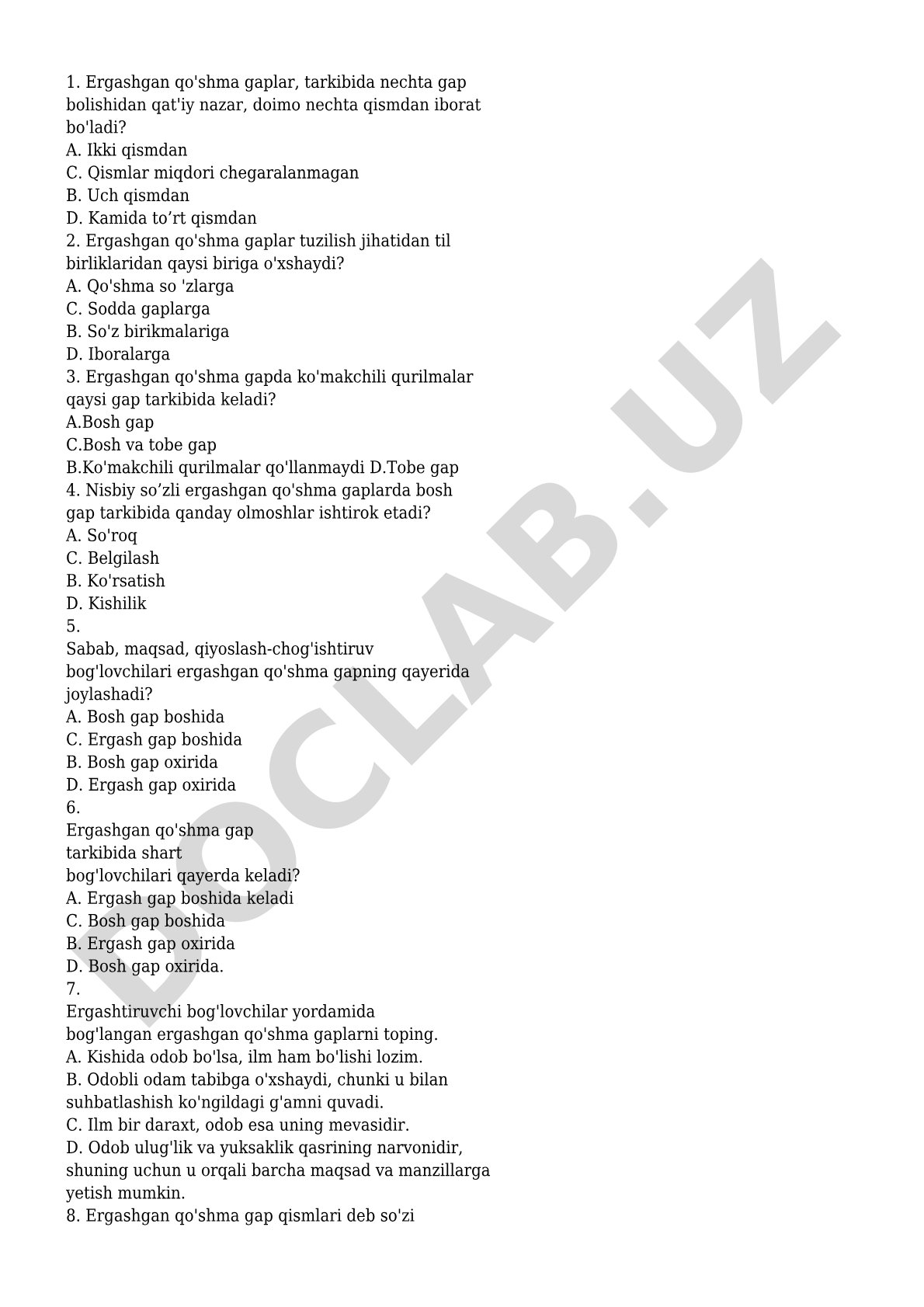 Ergashgan qo'shma gaplar test savollari