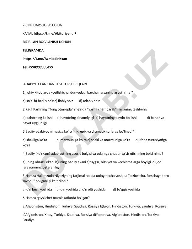Adabiyot fanidan test topshiriqlari