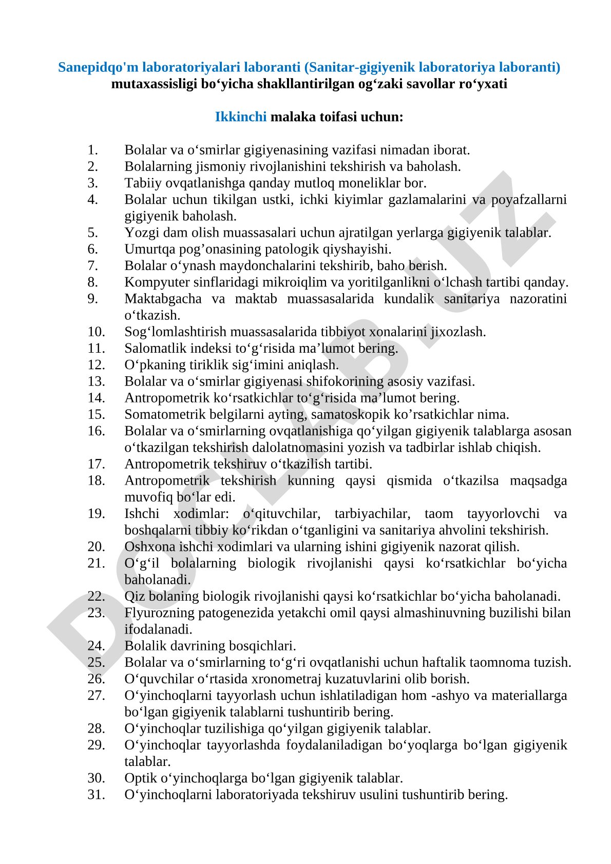 Sanepidqo'm laboratoriyalari laboranti mutaxassisligi bo'yicha og'zaki savollar ro'yxati