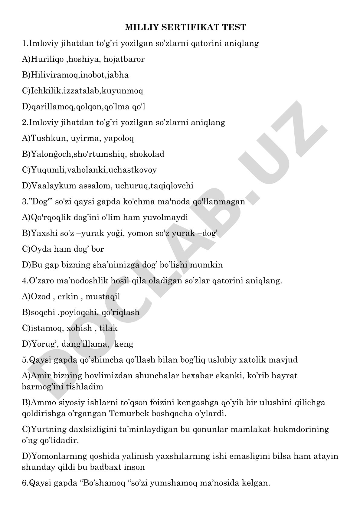 Milliy sertifikat test savollari