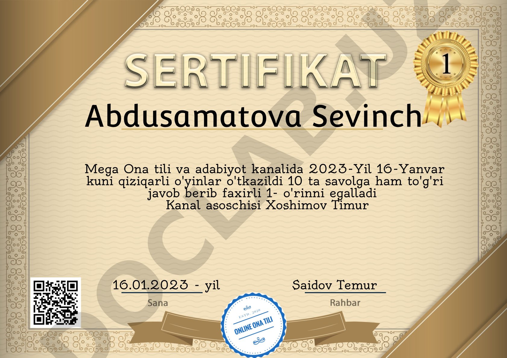 Abdusamatova Sevinch Mega Ona tili va adabiyot kanalida 1-o'rin