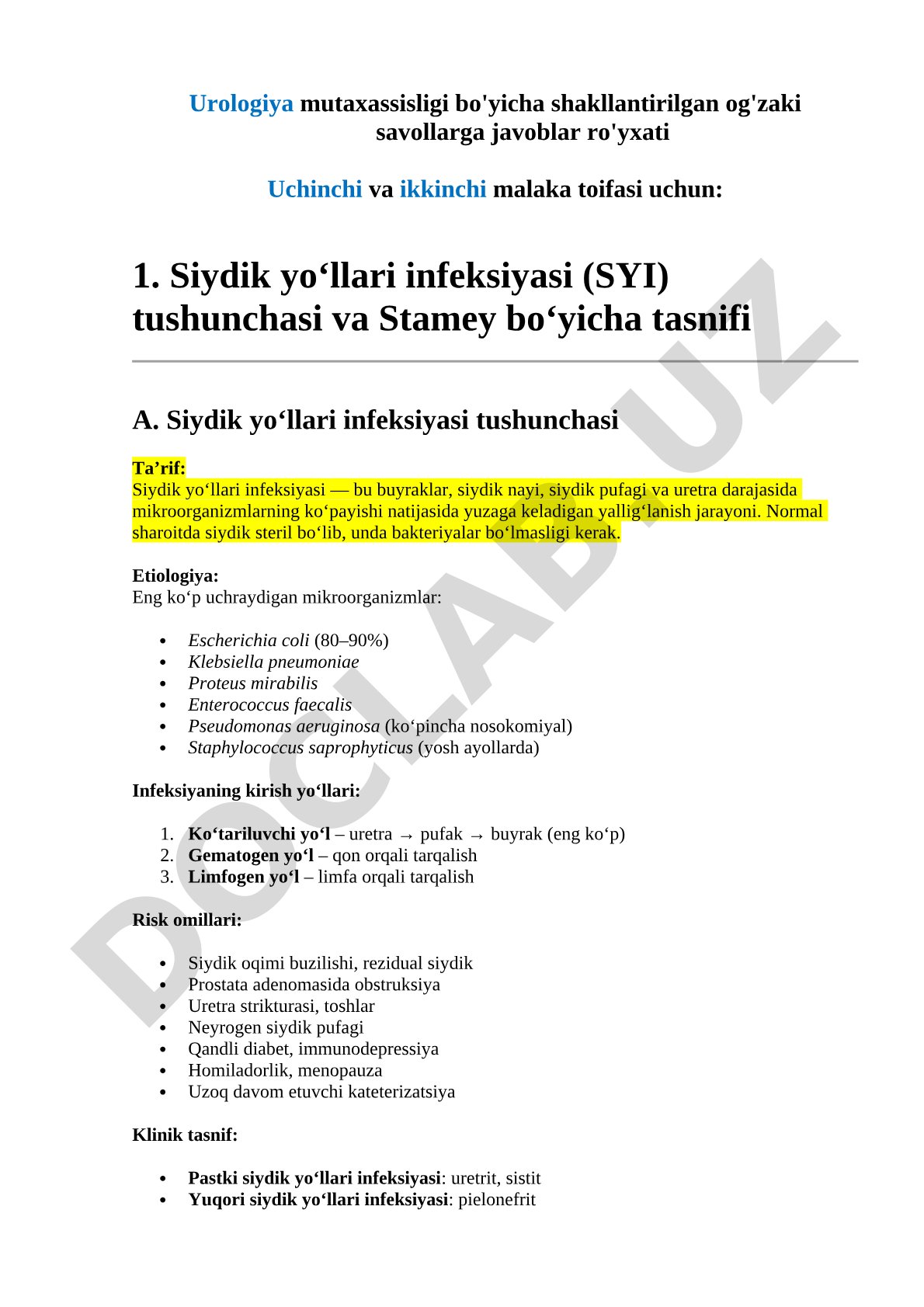 Urologiya mutaxassisligi bo'yicha og'zaki savollarga javoblar