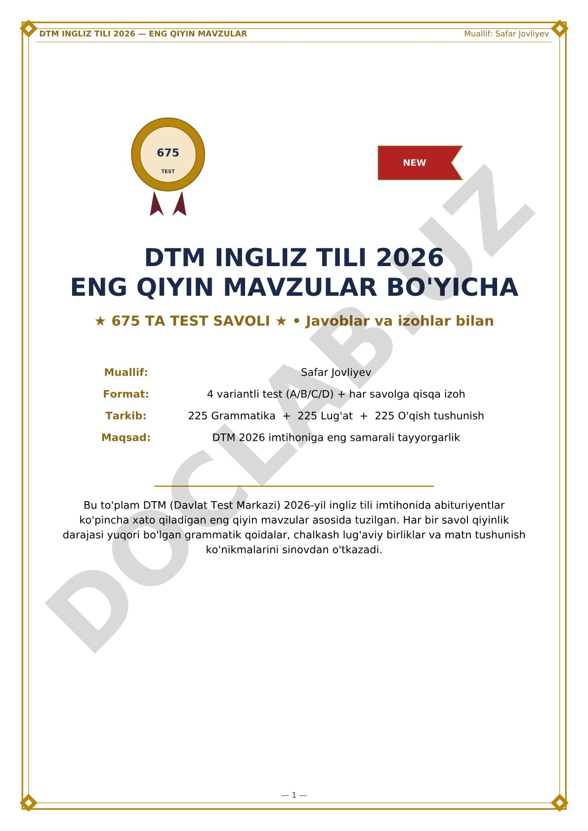 DTM Ingliz tili 2026 eng qiyin mavzular bo'yicha 675 test savoli