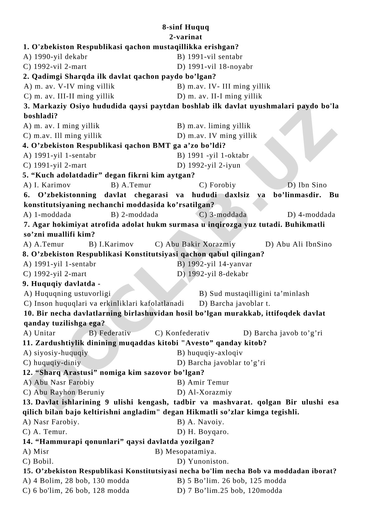 8-sinf Huquq 2-variant test savollari