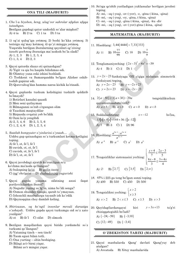 Ona tili test savollari va mashqlari