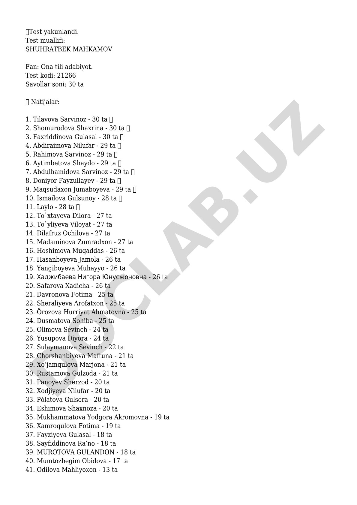 Ona tili adabiyot test natijalari