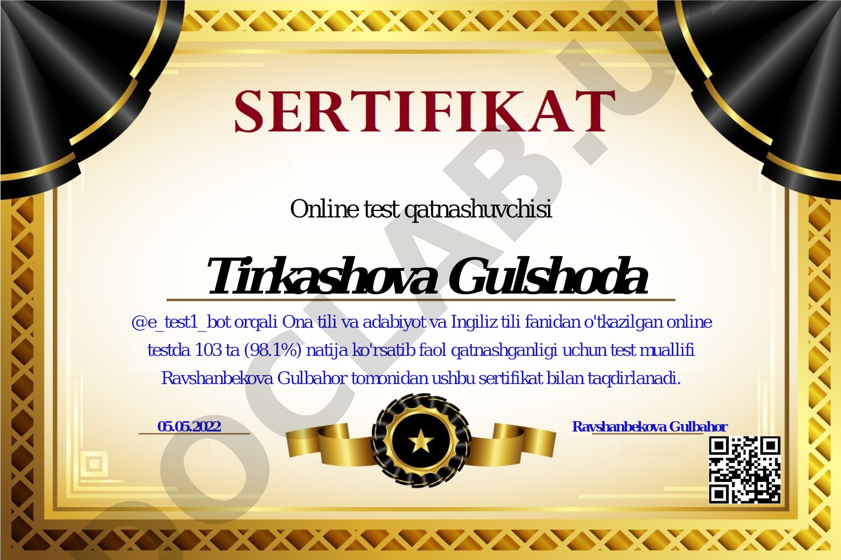 Online test sertifikatlari