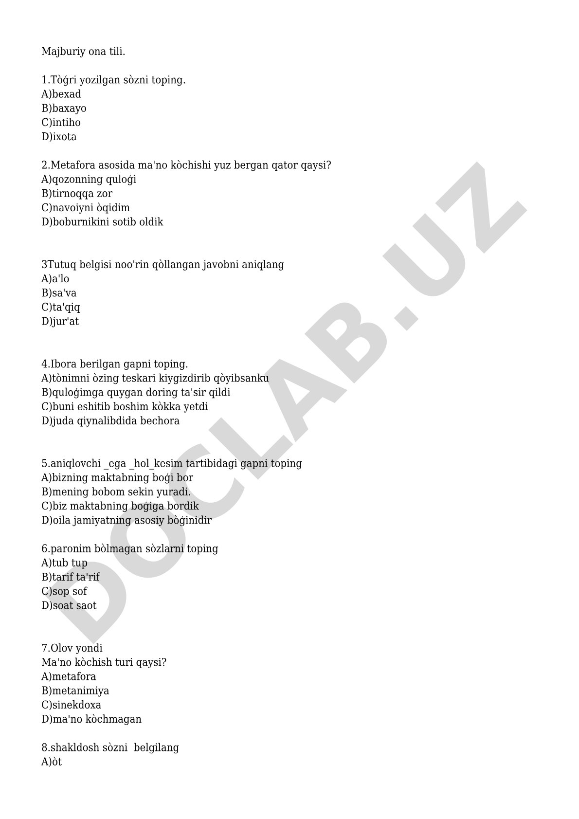 Majburiy ona tili test savollari