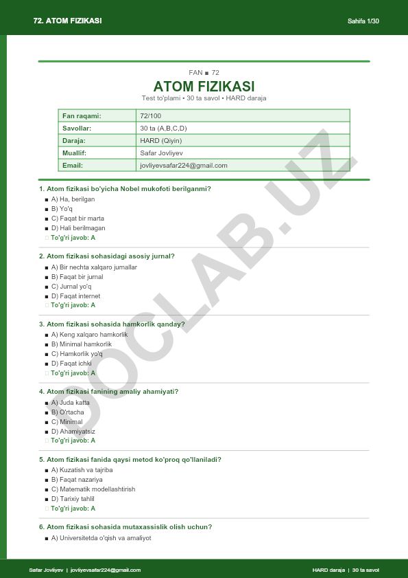 Atom fizikasi bo'yicha test savollari to'plami