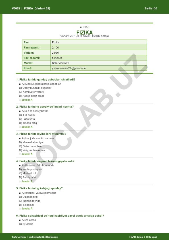 Fizika fanidan 30 ta savolli test (Variant 23)