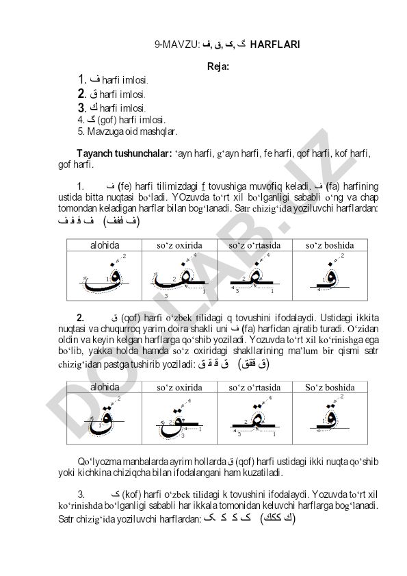 گ، ک، ق، ف harflarining imlosi va yozilishi