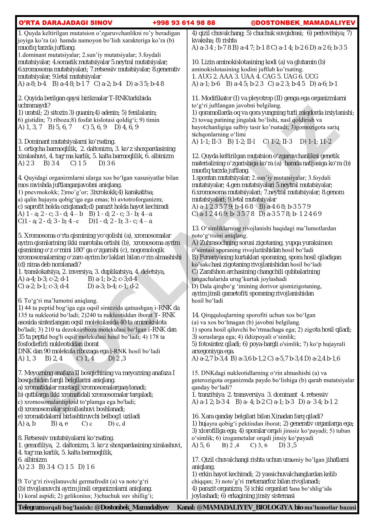 O'rta darajadagi sinov biologiya fanidan