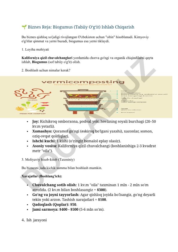 Biogumus (Tabiiy O‘g‘it) Ishlab Chiqarish Biznes Rejasi