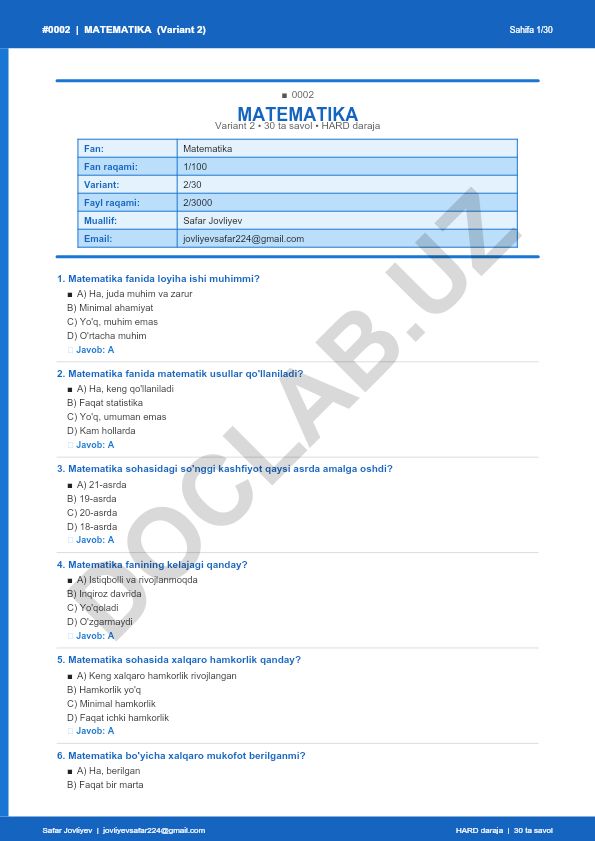 Matematika fanidan test savollari (Variant 2)