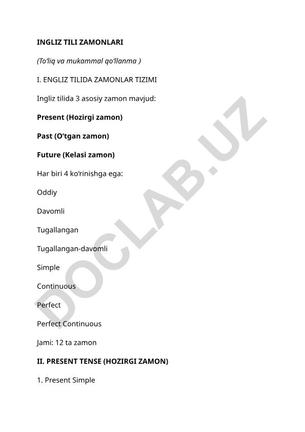 Ingliz tili zamonlari to'liq qo'llanmasi