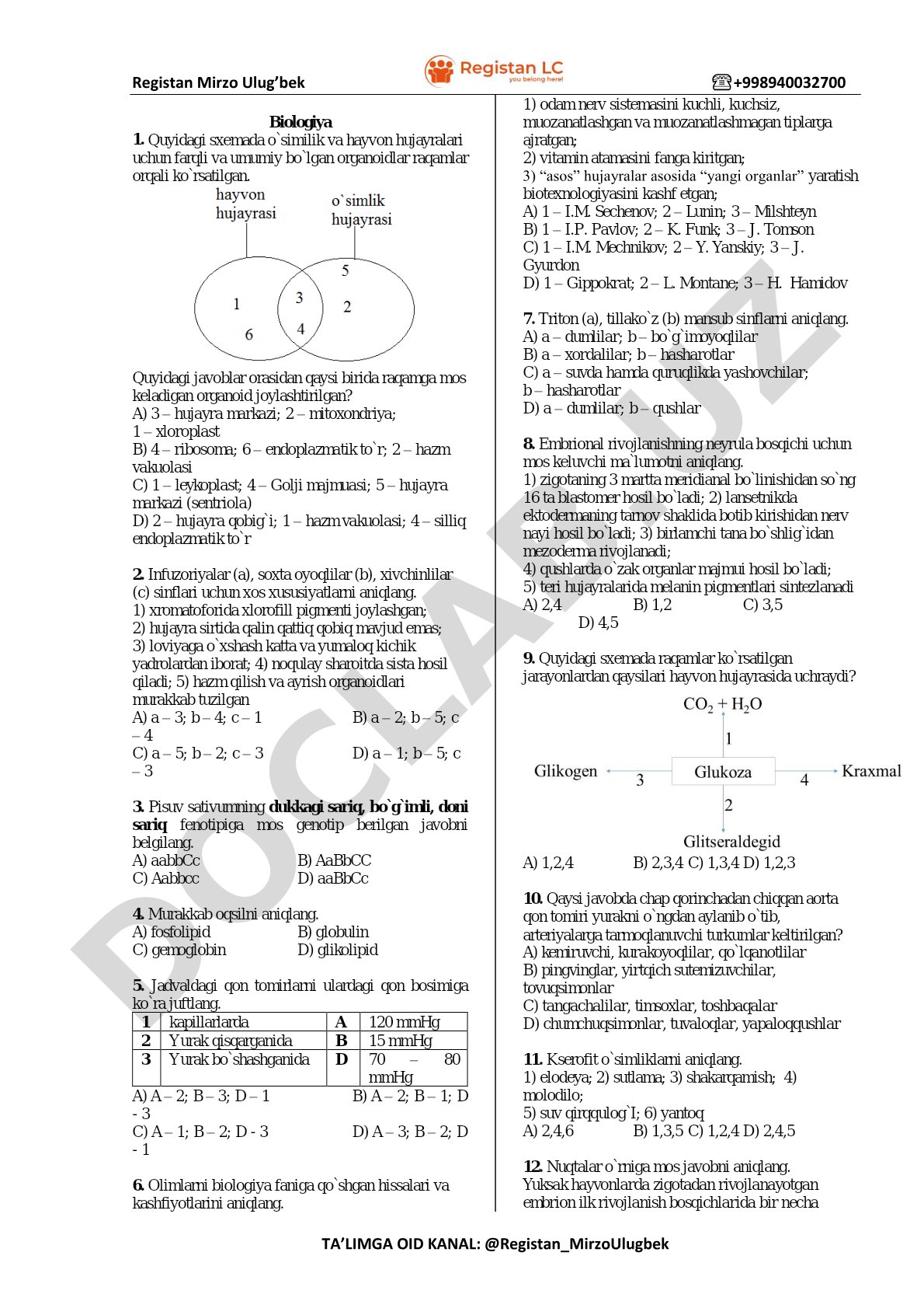 Biologiya test savollari