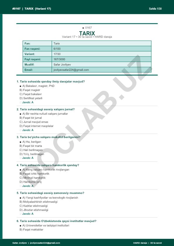 Tarix fanidan test savollari (Variant 17)