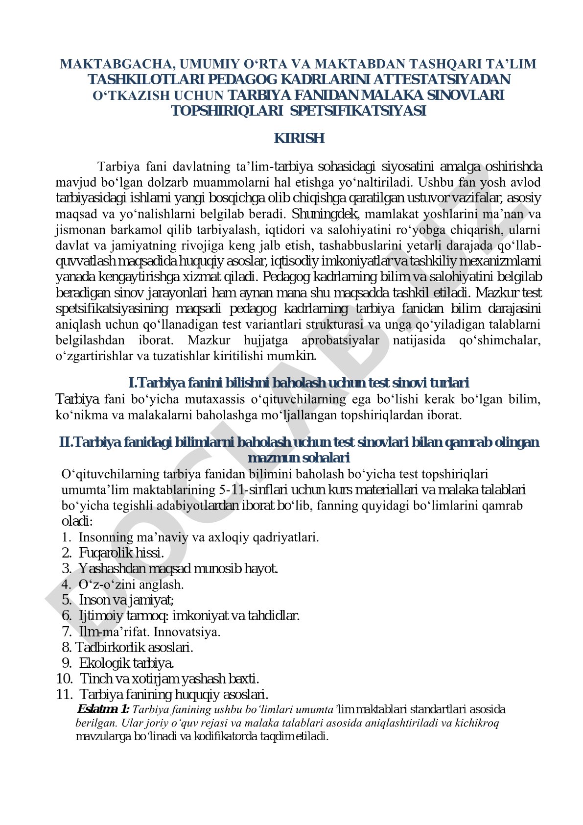 Tarbiya fanidan malaka sinovlari topshiriqlari spetsifikatsiyasi