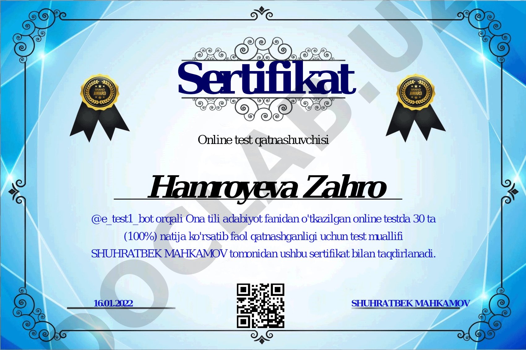 Ona tili adabiyot fanidan online test sertifikati