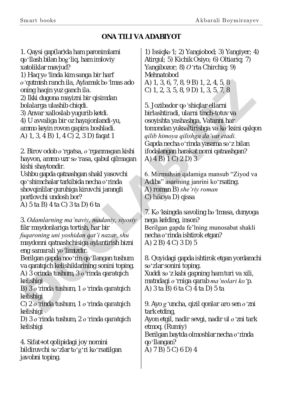 Ona tili va adabiyot test savollari