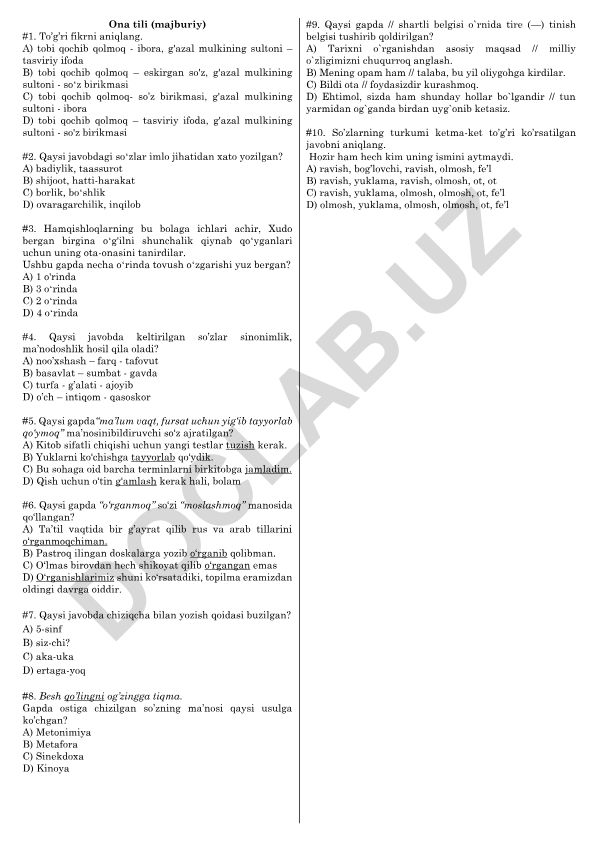 Ona tili test savollari va javoblari