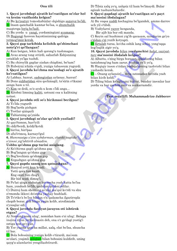 Ona tili test savollari va javoblari