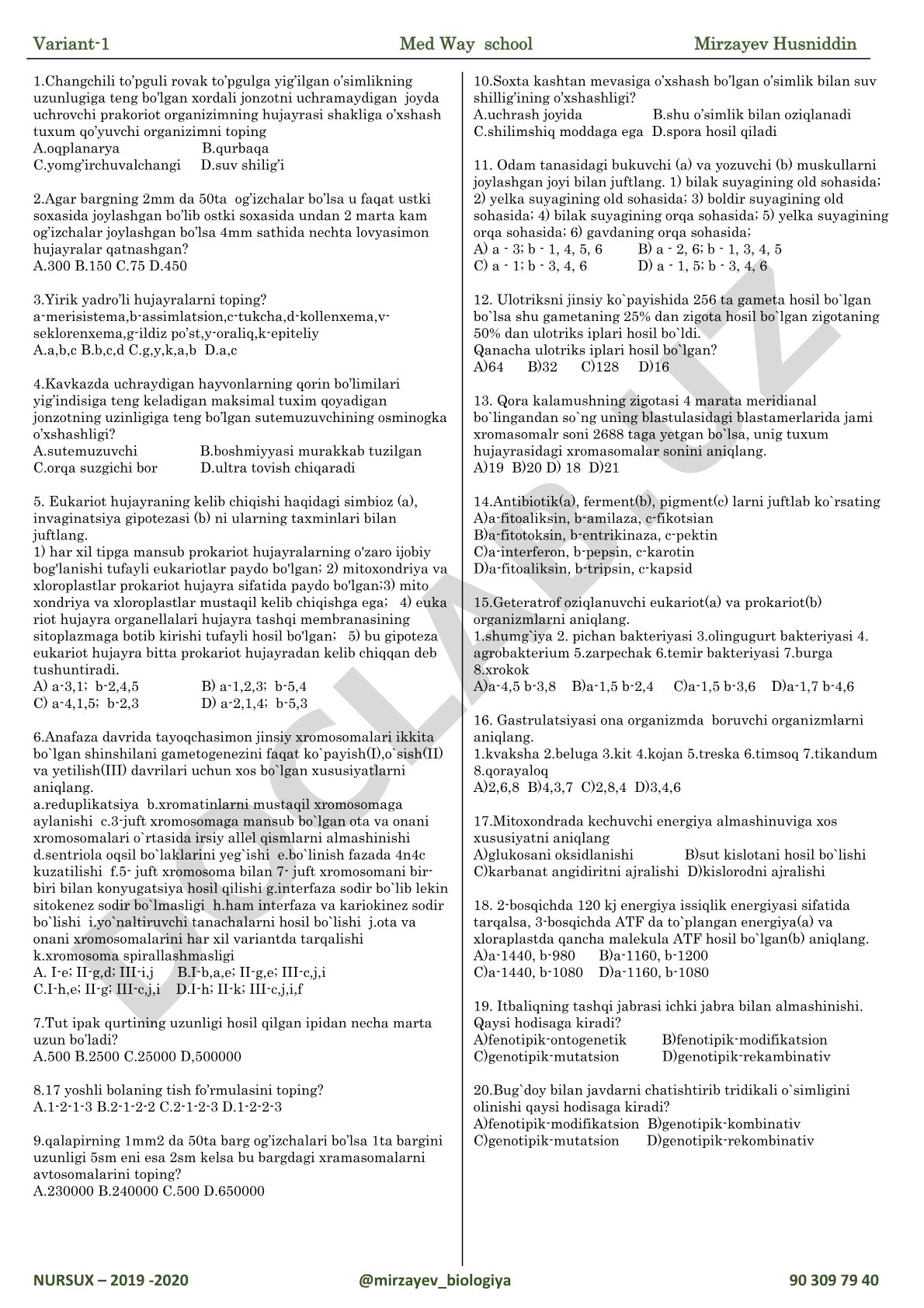 Biologiya test savollari