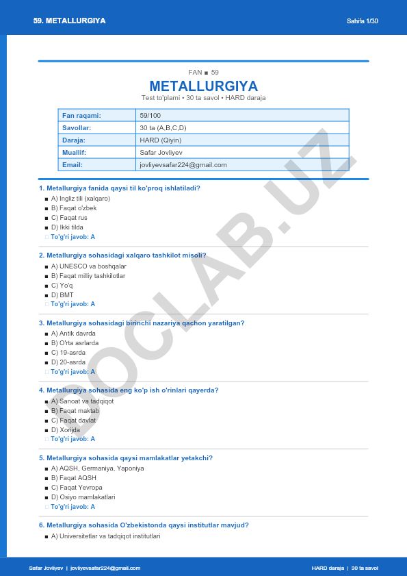 Metallurgiya faniga oid test to'plami
